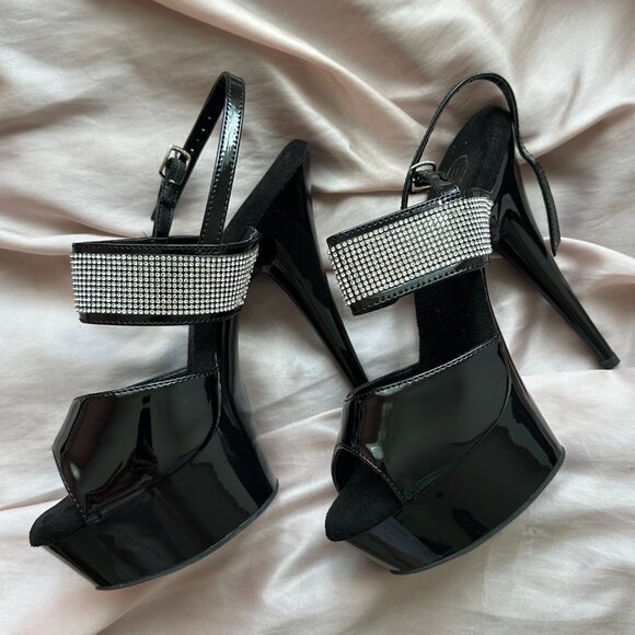 Pleaser Black Patent Platform Heels with Rhinestones - Picture 3 of 7